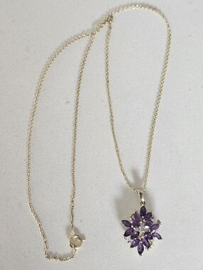 925 Sterling Gold Chain Necklace with Purple Amethyst Diamond Flower Pendant